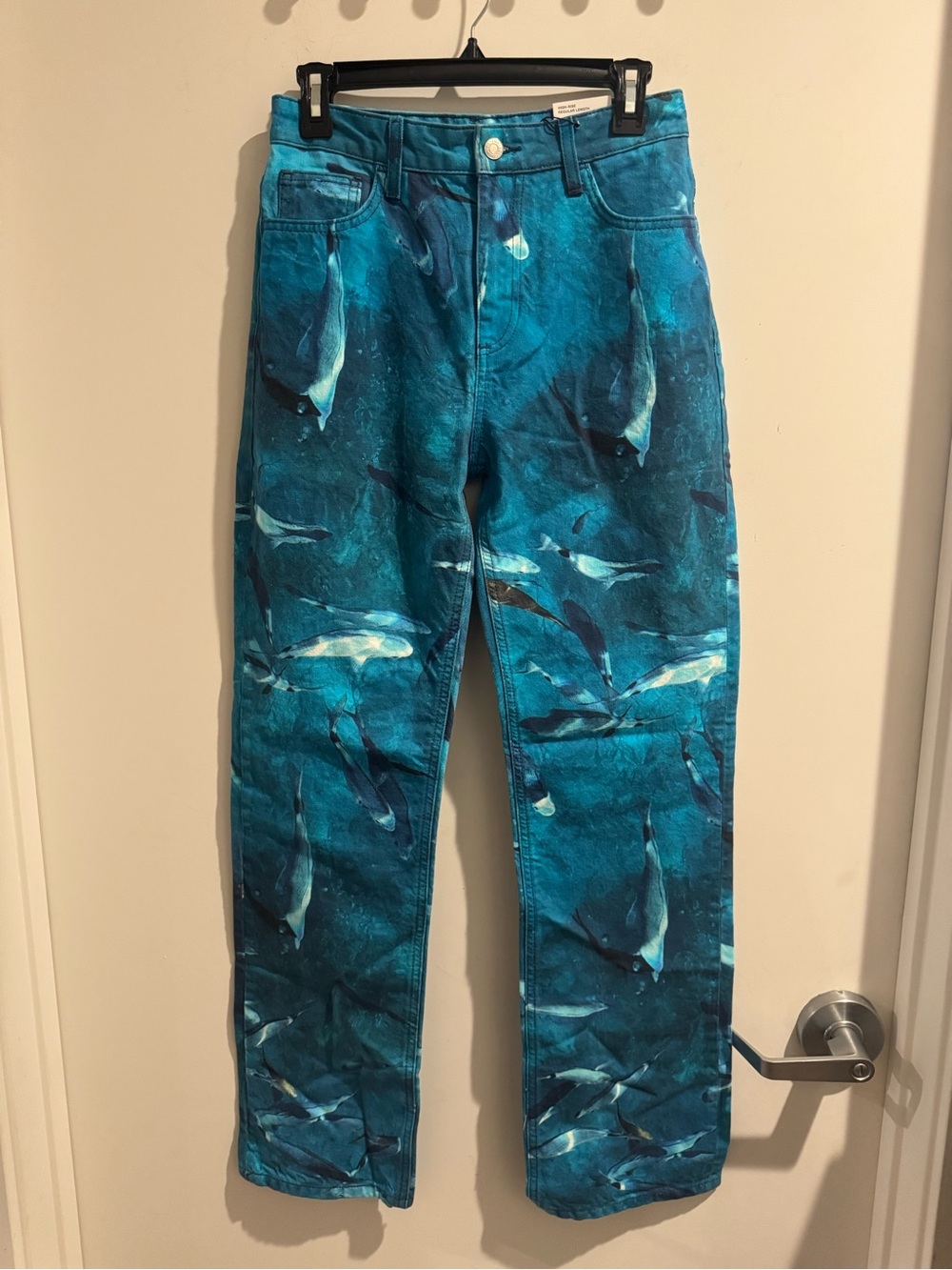 ZARA High Waist Straight Fit Denim Pant AOP Ocean Wildlife Whale Dolphins Size 4
